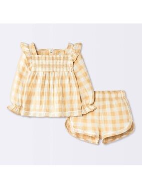 cloud island Yellow Gingham Smocked Top & Shorts Set